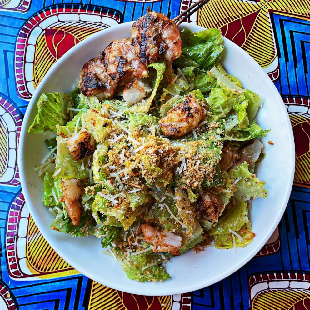 PHOTO: A jerk shrimp salad made with chilled crunchy romaine hearts and spicy breadcrumbs.
