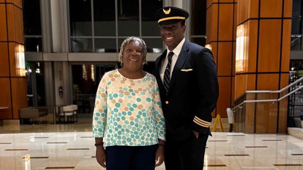 PHOTO: Jerome Lawrence, a pilot for United Airlines, surprised his mom Gwendoline Lawrence on a flight to Port of Spain, the capital of Trinidad and Tobago, where the family is from.