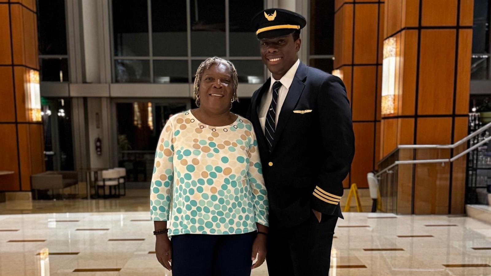 PHOTO: Jerome Lawrence, a pilot for United Airlines, surprised his mom Gwendoline Lawrence on a flight to Port of Spain, the capital of Trinidad and Tobago, where the family is from.