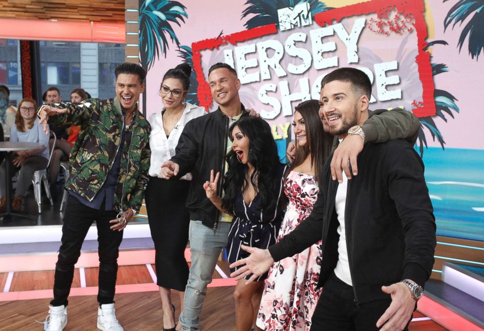 PHOTO: The cast of "Jersey Shore" mike an appearance on ABC's "Good Morning America," March 27, 2018. Left to right are Paul DelVecchio Jr., Jennifer Farley, Mike Sorrentino, Nicole Polizzi, Deena Nicole Cortese, Ronnie Ortiz Magro and Vinny Guadagnino.