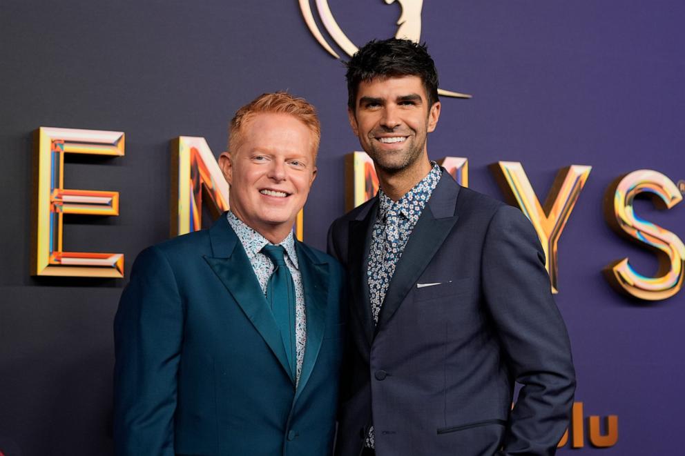 PHOTO: Jesse Tyler Ferguson, left, and Justin Mikita arrive at the 76th Primetime Emmy Awards, Sept. 15, 2024, in Los Angeles. 