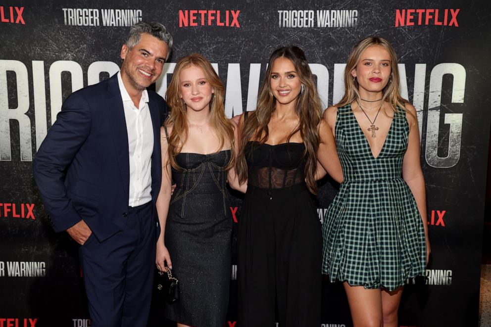 PHOTO: (L-R) Cash Warren, Haven Garner Warren, Jessica Alba and Honor Warren attend the screening of Netflix Film "Trigger Warning" at Netflix Tudum Theater, June 11, 2024, in Los Angeles.