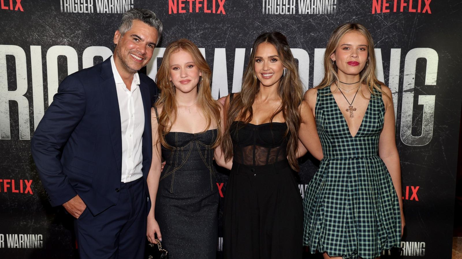 PHOTO: (L-R) Cash Warren, Haven Garner Warren, Jessica Alba and Honor Warren attend the screening of Netflix Film "Trigger Warning" at Netflix Tudum Theater, June 11, 2024, in Los Angeles.