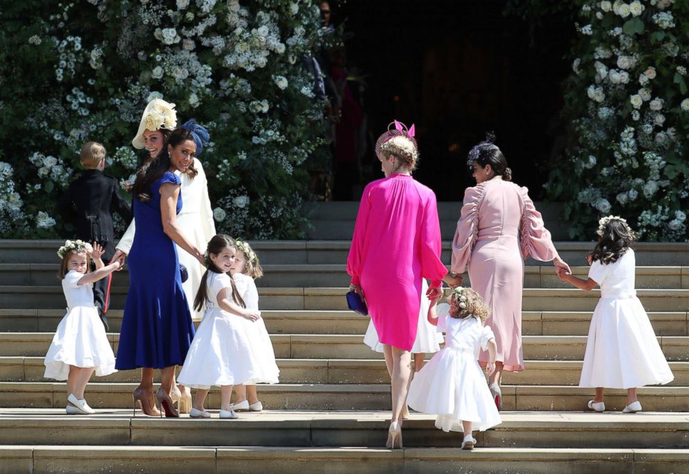 Princess Charlotte, Duchess of Cambridge, Jessica Mulroney, Ivy Mulroney, Florence van Cutsem, Zoe Warren, Zalie Warren, Benita Litt, Remy Litt and Rylan Litt arrive for the wedding of Prince Harry and Meghan Markle, May 19, 2018, in Windsor, England.