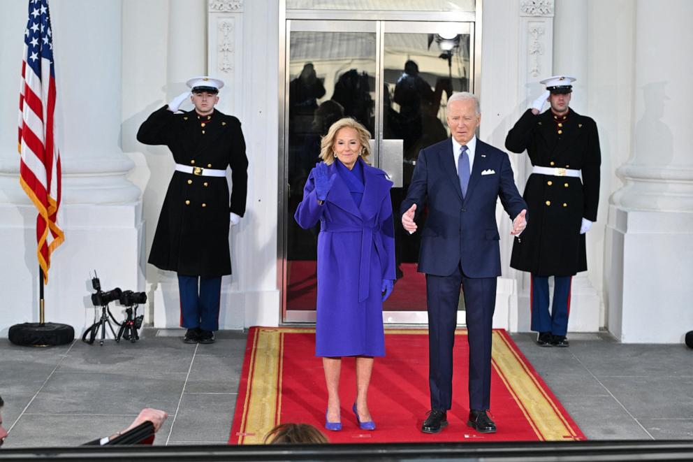 PHOTO: President Joe Biden and First Lady Jill Biden react as Vice President Kamala Harris and Second Gentleman Douglas Emhoff arrive at the White House in Washington, DC, on January 20, 2025.