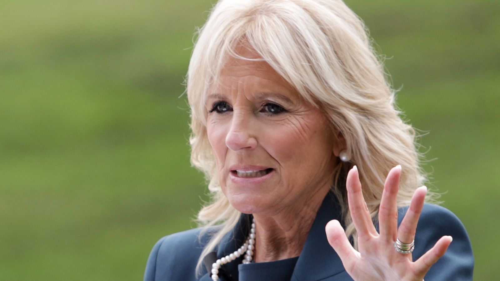 PHOTO: Jill Biden, wife of former Vice President Joe Biden, speaks during a visit at Evan G. Shortlidge Academy on Sept. 1, 2020 in Wilmington, Del.