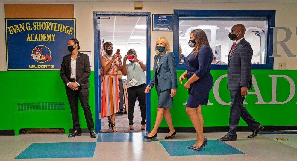 PHOTO: Teachers take photos from their classroom as Jill Biden, the wife of Democratic presidential candidate Joe Biden, tours Shortlidge Academy in Wilmington, Del., Sept. 1, 2020.