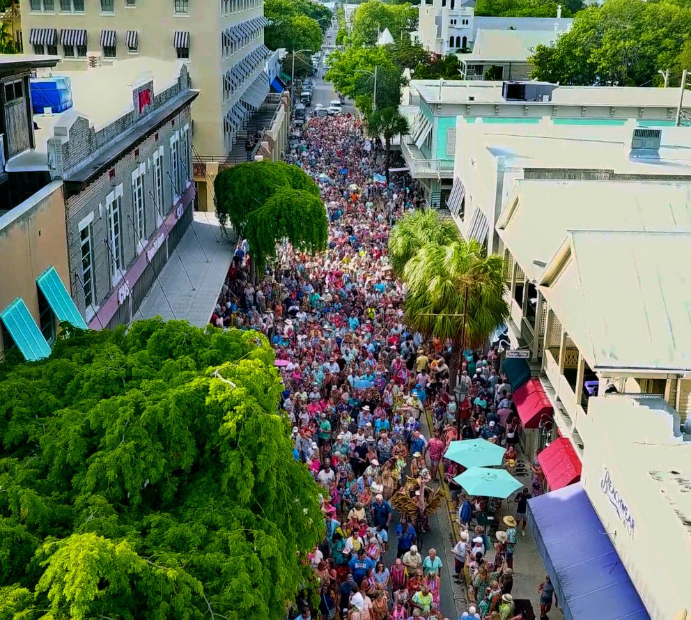 PHOTO: In this aerial photo provided by the Florida Keys News Bureau, thousands of Florida Keys residents and visitors march along Duval Street, Sept. 3, 2023, in Key West, Fla., during a procession honoring the life of Jimmy Buffett.