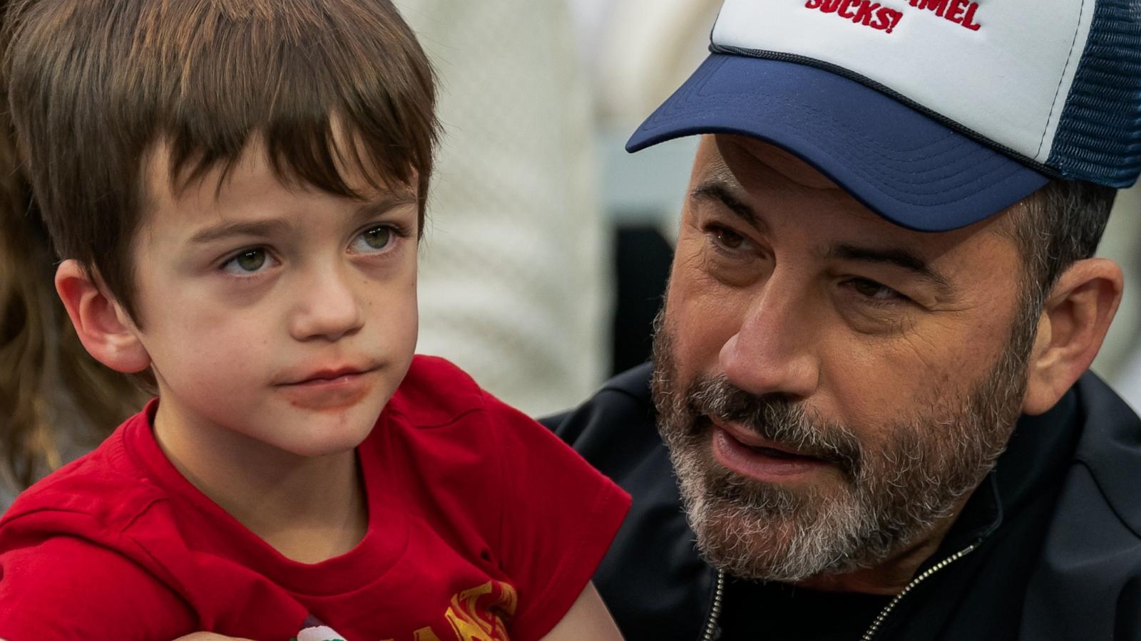 PHOTO: Jimmy Kimmel holds his son Billy Kimmel during the LA Bowl game between Washington State Cougars and Fresno State Bulldogs, Dec. 17, 2022, in Los Angeles.