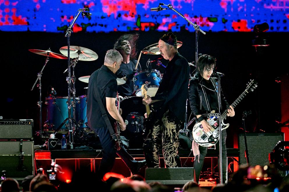 PHOTO: Joan Jett (R) performs onstage with (L-R) Pat Smear, Dave Grohl, and Krist Novoselic of Nirvana during the FIREAID Benefit Concert for California Fire Relief at The Kia Forum on January 30, 2025 in Inglewood, California. 