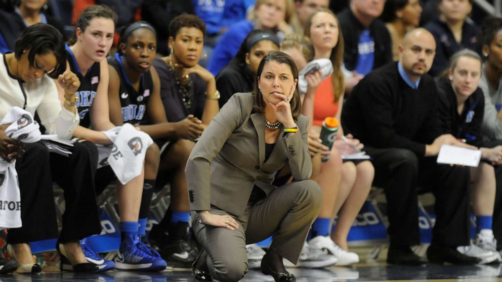 PHOTO: Duke Blue Devils head coach Joanne P. McCallie looks on during the second half in women's college basketball game against the Connecticut Huskies at Gampel Pavilion on Jan. 21, 2013, in Storrs, Conn.