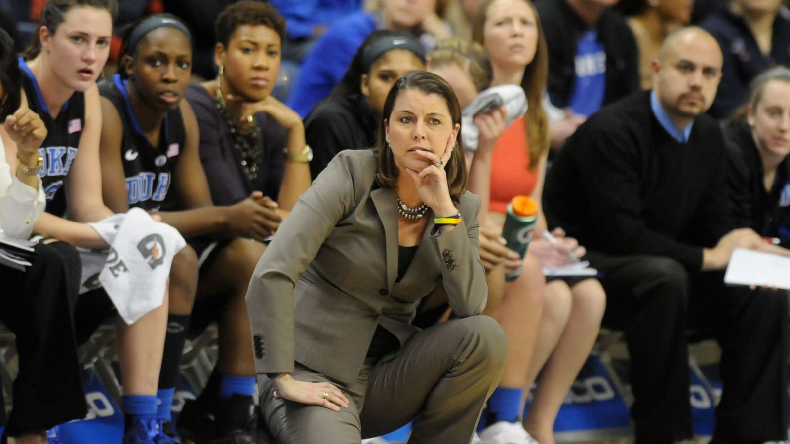 PHOTO: Duke Blue Devils head coach Joanne P. McCallie looks on during the second half in women's college basketball game against the Connecticut Huskies at Gampel Pavilion on Jan. 21, 2013, in Storrs, Conn.