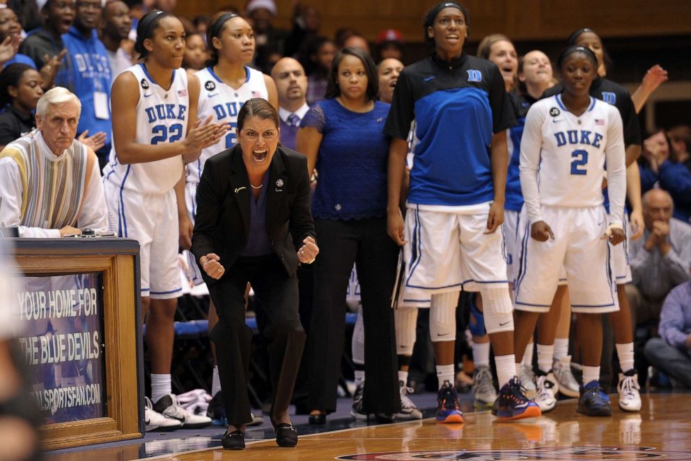 PHOTO: Head Coach Joanne P. McCallie of the Duke Blue Devils encourages her team against the Connecticut Huskies at Cameron Indoor Stadium on Dec. 17, 2013 in Durham, N.C.