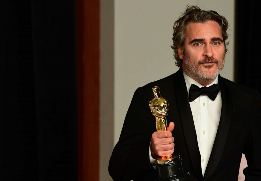 PHOTO: Actor Joaquin Phoenix poses in the press room with the Oscar for Best Actor for "Joker" during the 92nd Oscars at the Dolby Theater in Hollywood, Calif., Feb. 9, 2020.