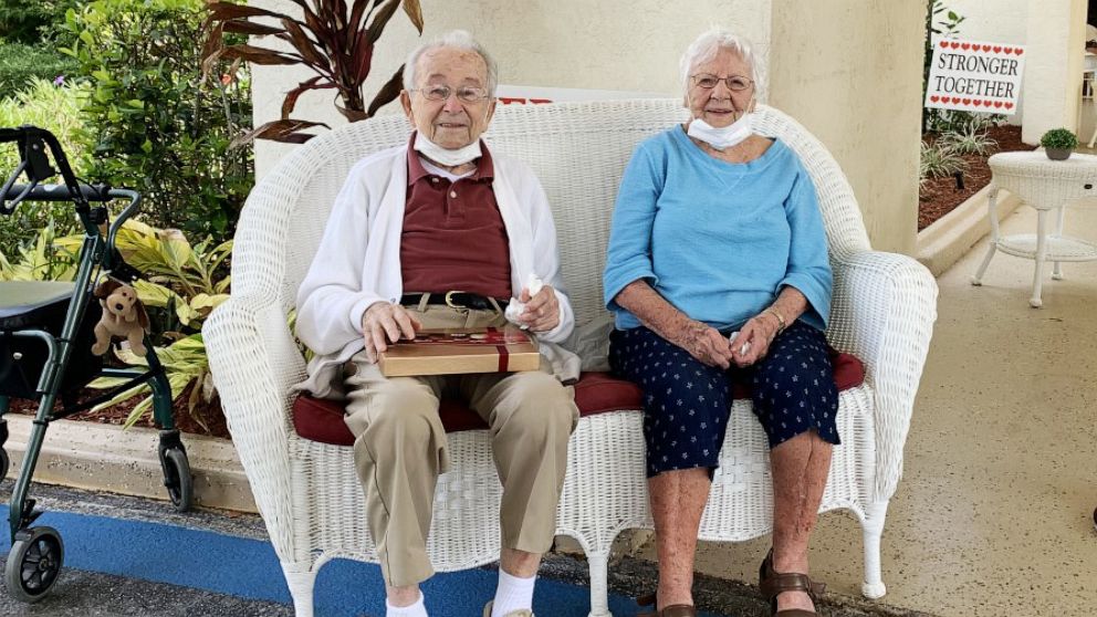 PHOTO: Joe and Yolanda Tenaglio were surprised by old friends and neighbors with a 73rd wedding anniversary parade in Naples, Fla., on May 3, 2020.