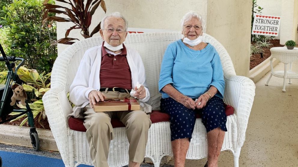 PHOTO: Joe and Yolanda Tenaglio were surprised by old friends and neighbors with a 73rd wedding anniversary parade in Naples, Fla., on May 3, 2020.