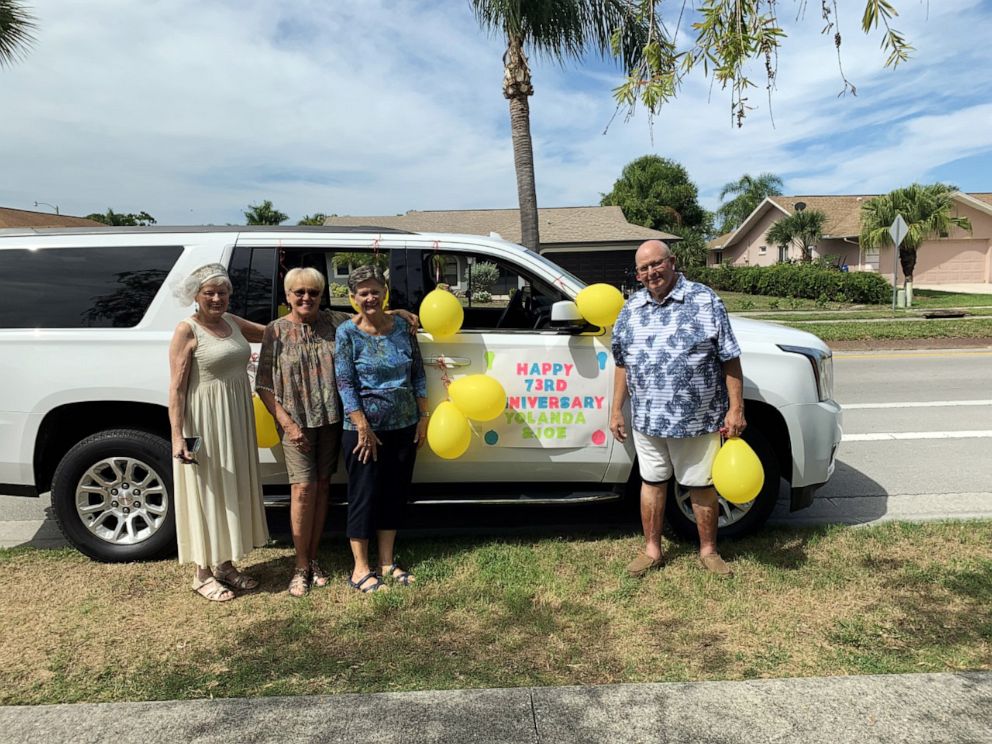 PHOTO: Old friends and former neighbors lined up in their cars for a surprise 73rd wedding anniversary parade for Joe and Yolanda Tenaglio in Naples, Fla., on May 3, 2020.