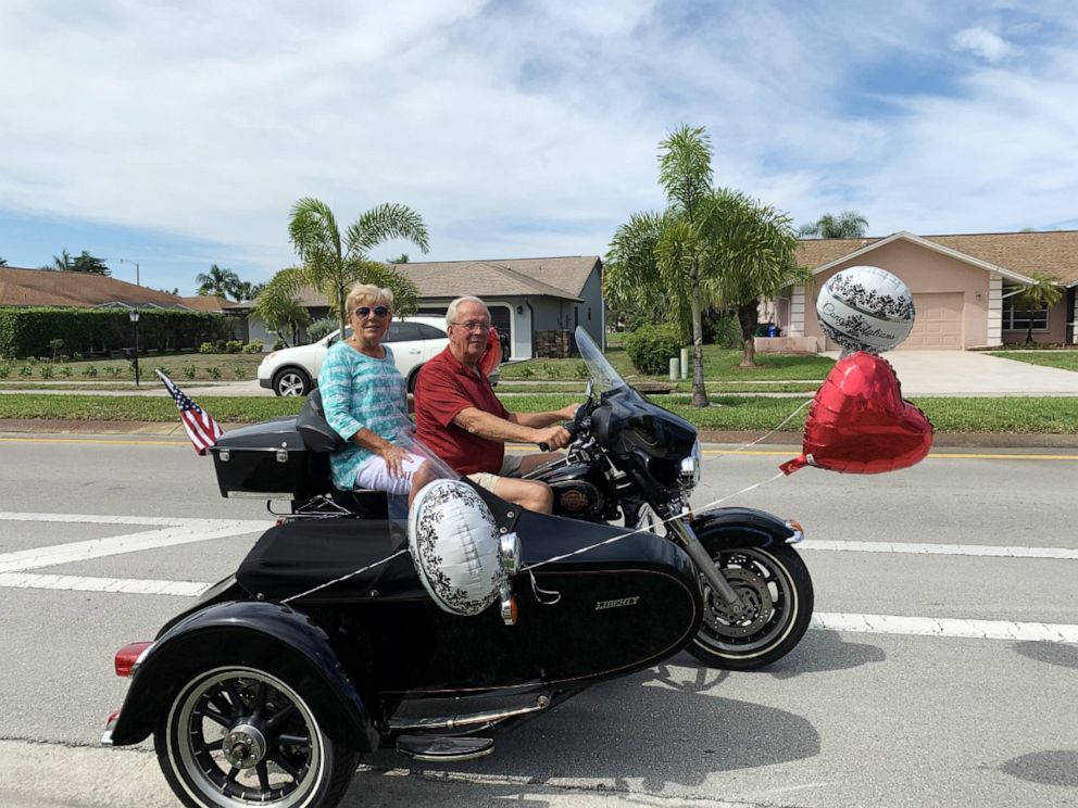 PHOTO: Old friends and former neighbors lined up in their cars for a surprise 73rd wedding anniversary parade for Joe and Yolanda Tenaglio in Naples, Fla., on May 3, 2020.