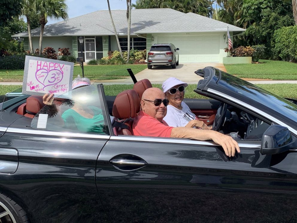 PHOTO: Old friends and former neighbors lined up in their cars for a surprise 73rd wedding anniversary parade for Joe and Yolanda Tenaglio in Naples, Fla., on May 3, 2020.