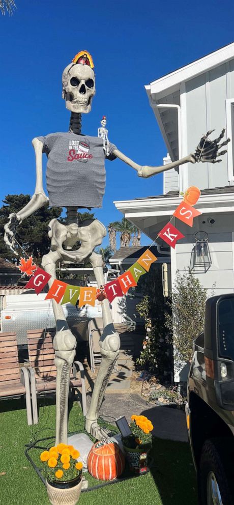 PHOTO: Joey Ramirez's larger-than-life skeleton features a mini skeleton on its left shoulder and is on display in Carlsbad, California.