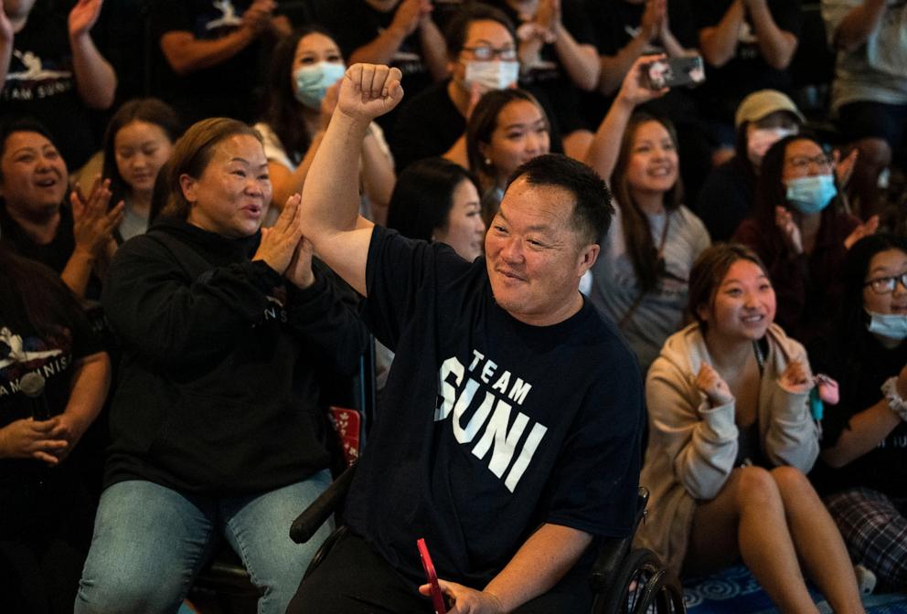 PHOTO: John Lee, father of Sunisa Lee of Team United States, celebrates after she won gold in the Women's All-Around gymnastics Final on day six of the Tokyo 2020 Olympic Games at a watch party on July 29, 2021 in Oakdale, Minnesota.