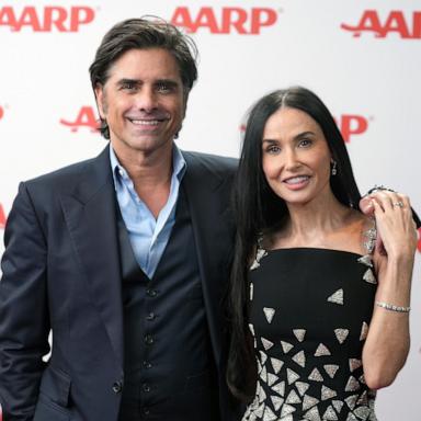 PHOTO: John Stamos and Demi Moore pose in the photo booth during AARP's Annual Movies For Grownups Awards at the Beverly Wilshire, A Four Seasons Hotel on Feb. 08, 2025 in Beverly Hills, Calif.