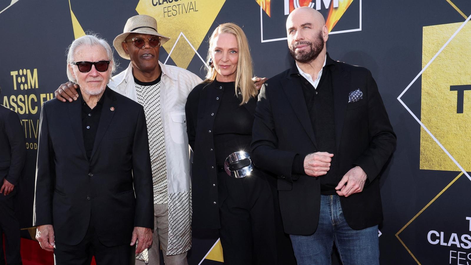 PHOTO: Cast members John Travolta, Uma Thurman, Samuel L. Jackson and Harvey Keitel attend a screening for the 30th anniversary of the movie 'Pulp Fiction' in Los Angeles, California, Apr. 18, 2024.