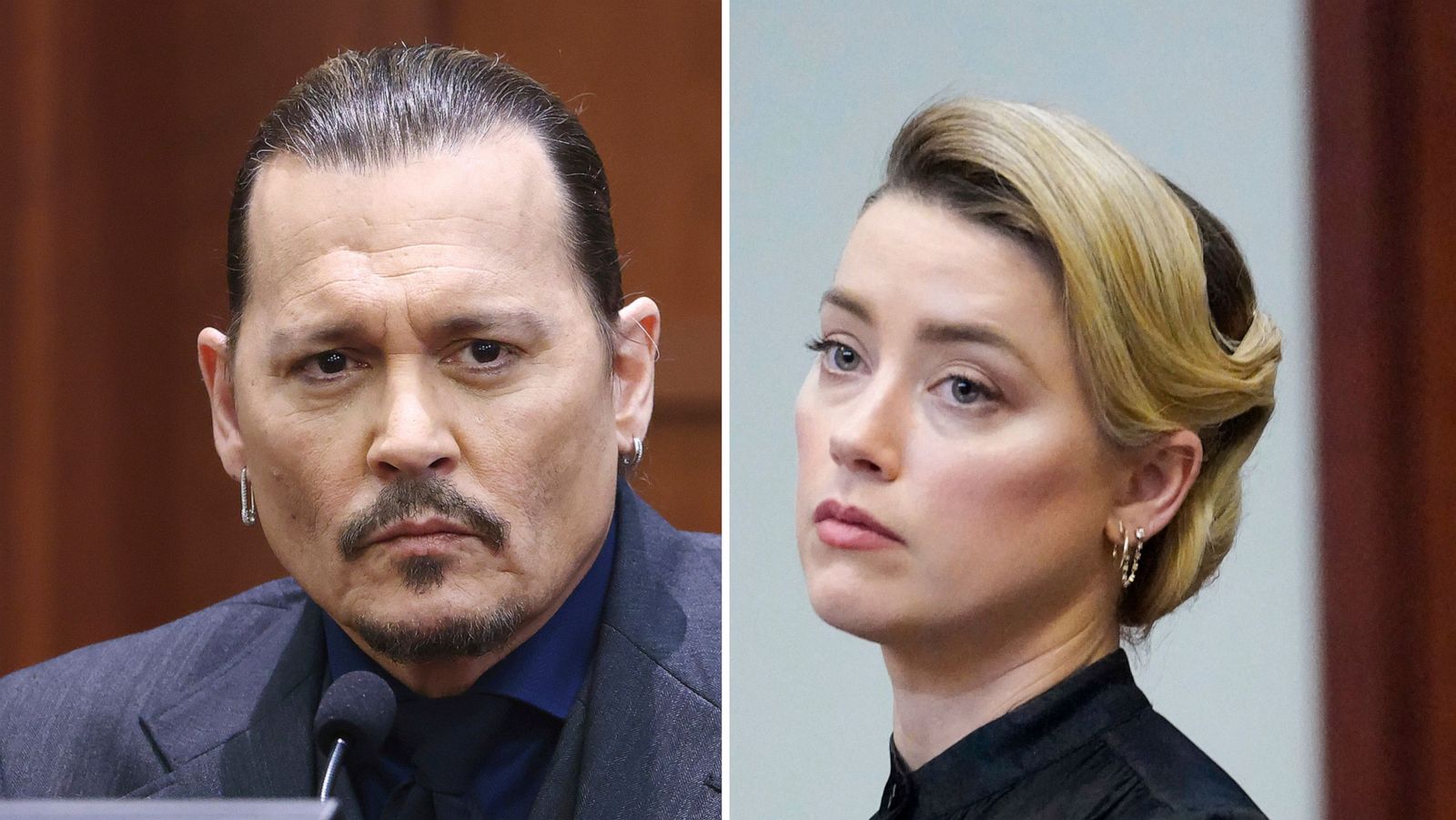 PHOTO: Actor Johnny Depp listens as he testifies in the courtroom at the Fairfax County Circuit Court in Fairfax, Va., April 21, 2022; Actress Amber Heard stands in the courtroom at the Fairfax County Circuit Courthouse in Fairfax, Va., April 25, 2022.