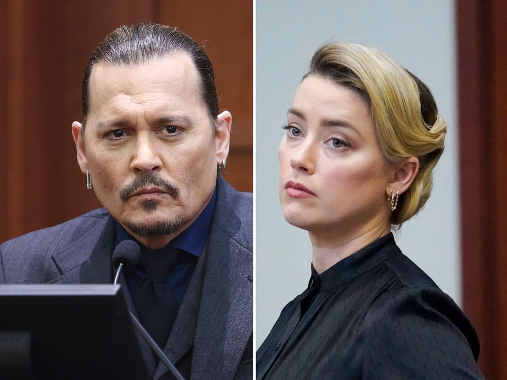 PHOTO: Actor Johnny Depp listens as he testifies in the courtroom at the Fairfax County Circuit Court in Fairfax, Va., April 21, 2022; Actress Amber Heard stands in the courtroom at the Fairfax County Circuit Courthouse in Fairfax, Va., April 25, 2022. 