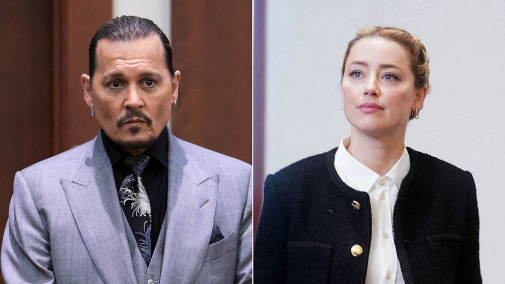 PHOTO: Johnny Depp takes a stand during his defamation trial at the Fairfax County Circuit Courthouse in Fairfax, Va., April 20, 2022. | Amber Heard arrives at the defamation trial against her in Fairfax, Va., May 19, 2022.