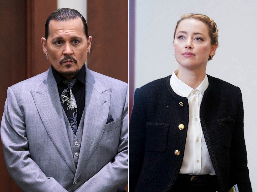 PHOTO: Johnny Depp takes a stand during his defamation trial at the Fairfax County Circuit Courthouse in Fairfax, Va., April 20, 2022. | Amber Heard arrives at the defamation trial against her in Fairfax, Va., May 19, 2022.