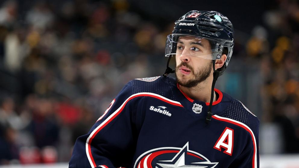 PHOTO: Johnny Gaudreau #13 of the Columbus Blue Jackets warms up prior to the start of the game against the Boston Bruins at Nationwide Arena on January 2, 2024 in Columbus, Ohio.