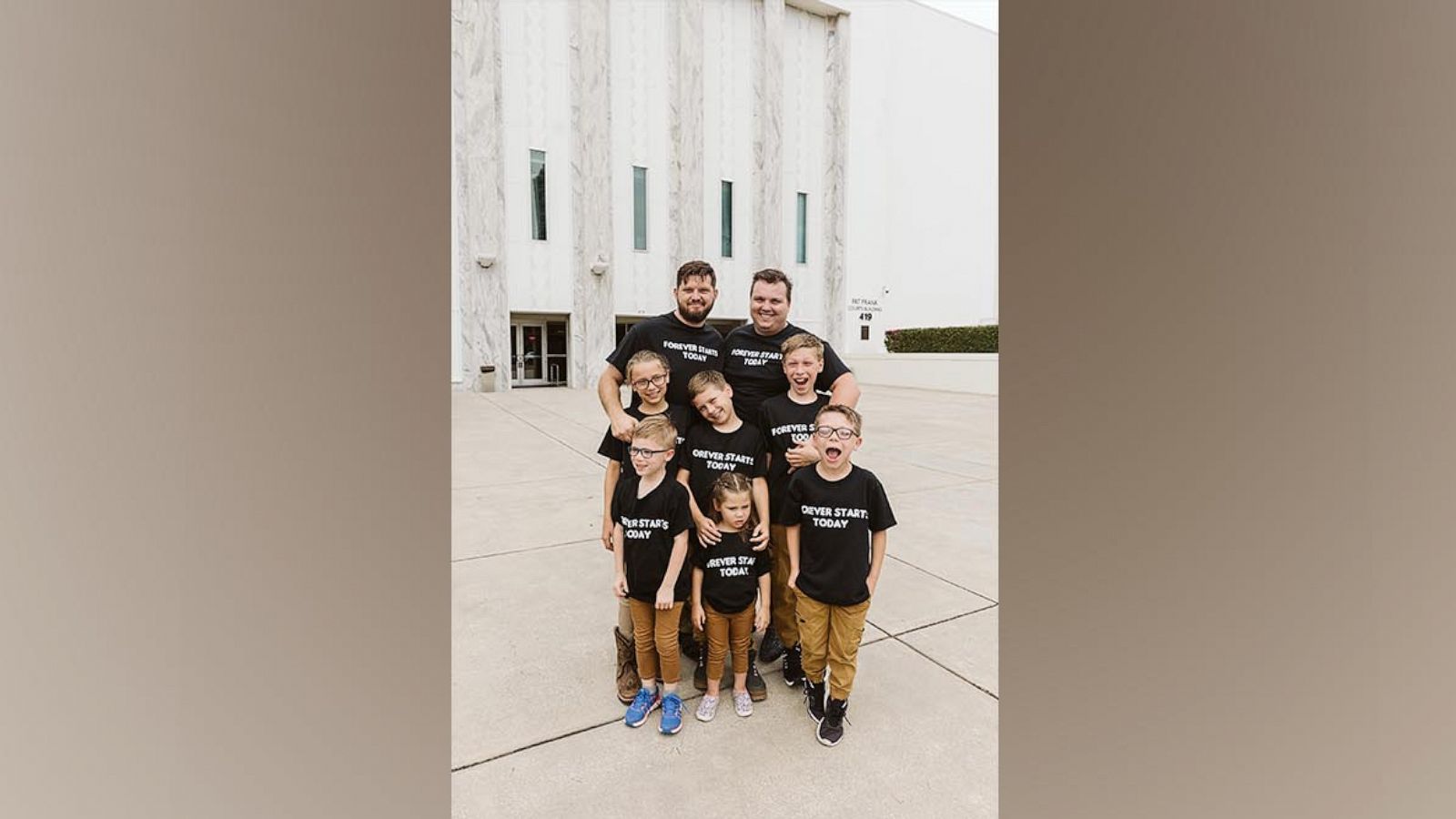 PHOTO: Dustin and Daniel Johnson, of Florida, are celebrating their first Father's Day after formally adoption six siblings in May 2023.