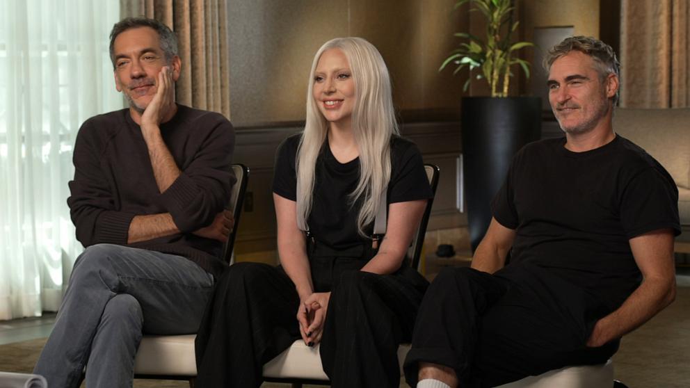 PHOTO: "Joker: Folie à Deux" director Todd Phillips, Lady Gaga and Joaquin Phoenix appear in this screengrab from an interview with "Good Morning America."