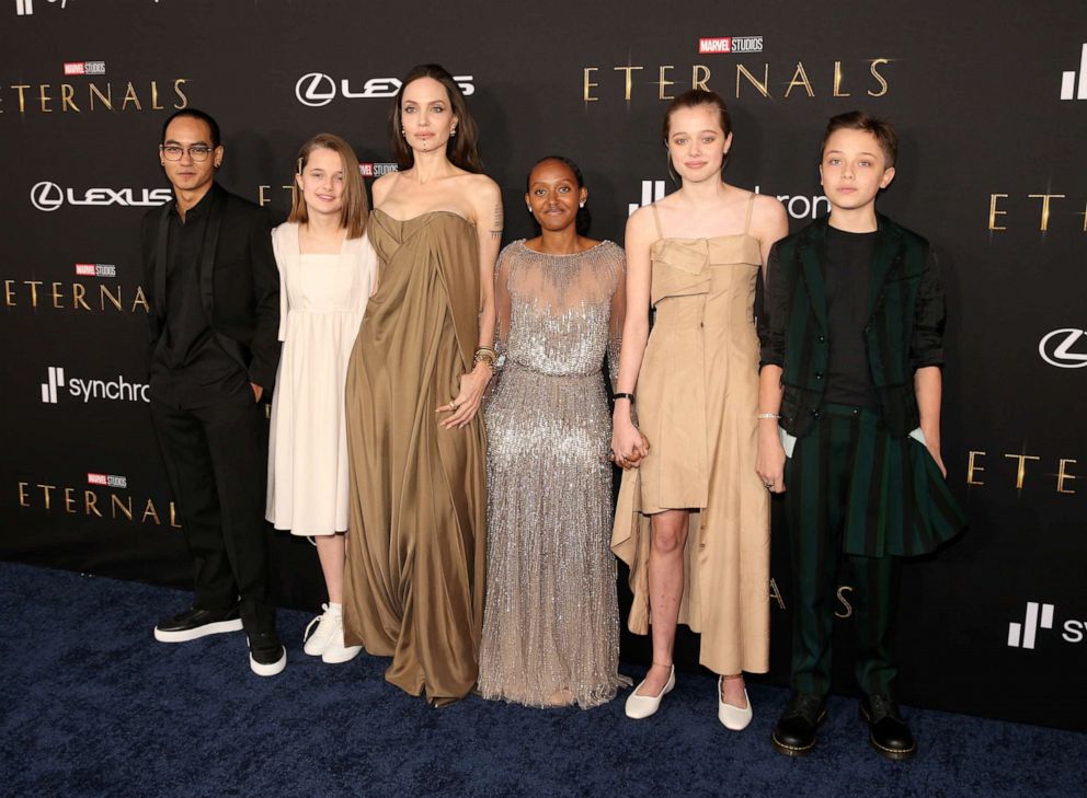 PHOTO: Maddox Jolie-Pitt, Vivienne Jolie-Pitt, Angelina Jolie, Zahara Jolie Pitt, Shiloh Jolie-Pitt, and Knox Jolie Pitt arrive at the Premiere of Marvel Studios' Eternals, Oct. 18, 2021, in Hollywood, Calif. 