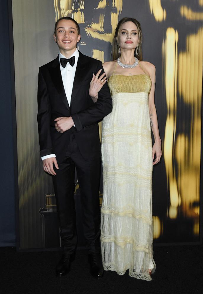 PHOTO: Actress Angelina Jolie and her son Knox Jolie-Pitt arrive for the Academy of Motion Picture Arts and Sciences' 15th Annual Governors Awards at the Ray Dolby Ballroom in Los Angeles on Nov. 17, 2024. 