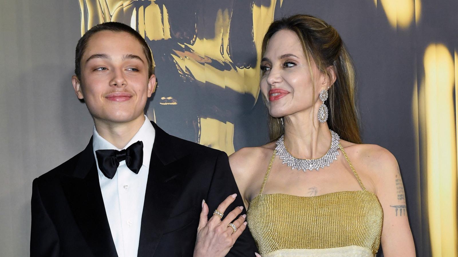 PHOTO: Actress Angelina Jolie and her son Knox Jolie-Pitt arrive for the Academy of Motion Picture Arts and Sciences' 15th Annual Governors Awards at the Ray Dolby Ballroom in Los Angeles on Nov. 17, 2024.