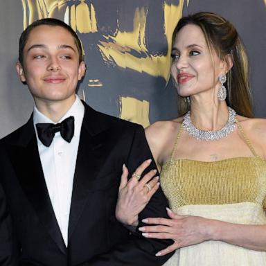 PHOTO: Actress Angelina Jolie and her son Knox Jolie-Pitt arrive for the Academy of Motion Picture Arts and Sciences' 15th Annual Governors Awards at the Ray Dolby Ballroom in Los Angeles on Nov. 17, 2024. 