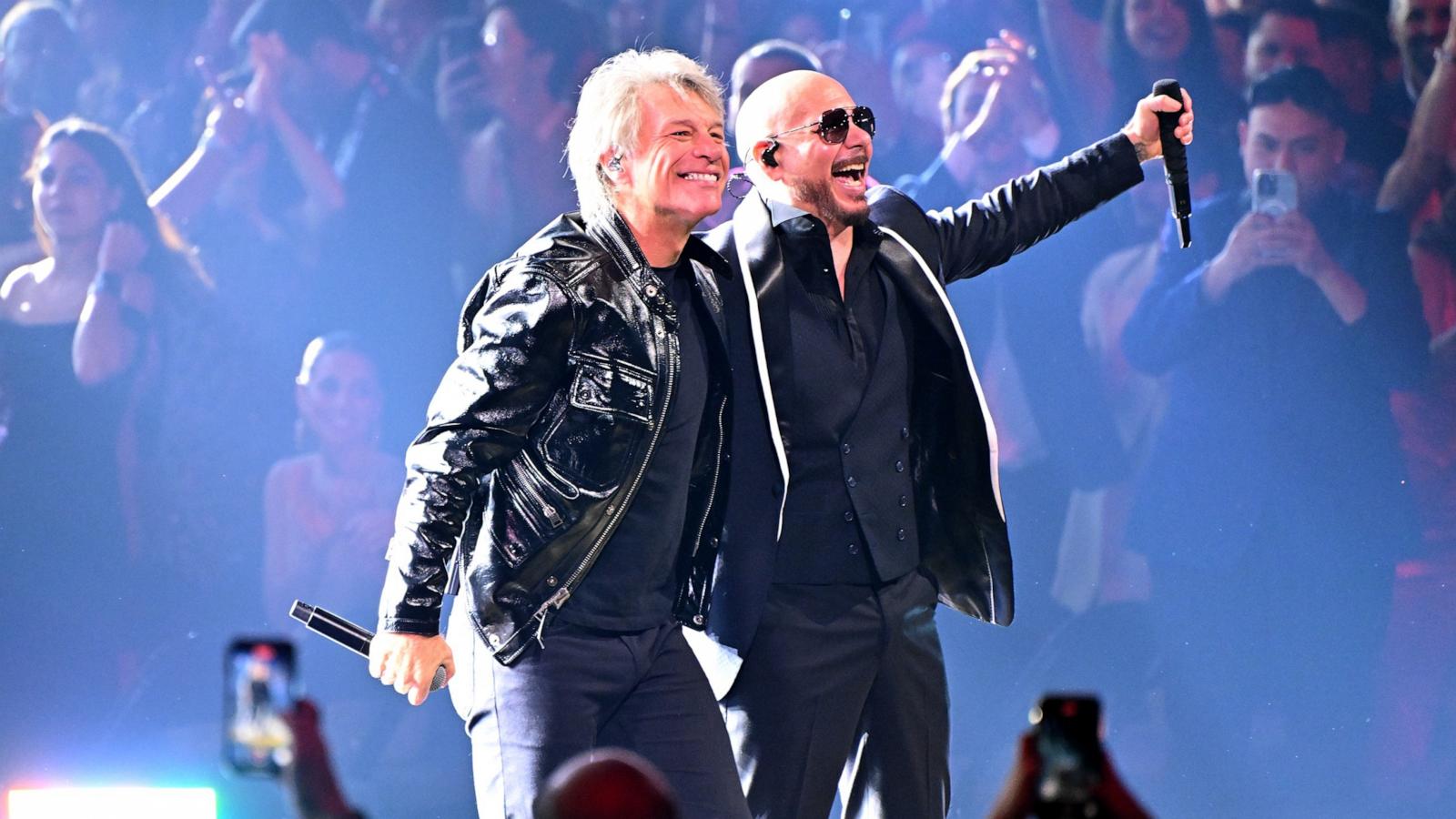 PHOTO: Jon Bon Jovi and Pitbull perform onstage during the 25th Annual Latin GRAMMY Awards at Kaseya Center on Nov. 14, 2024 in Miami.