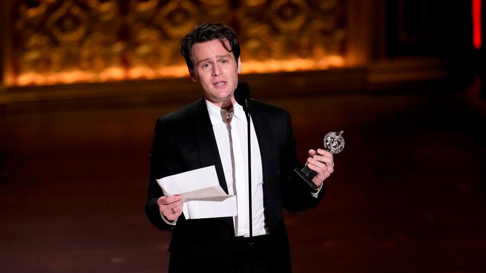 PHOTO: Jonathan Groff accepts the award for best performance by an actor in a leading role in a musical for "Merrily We Roll Along" during the 77th Tony Awards, June 16, 2024, in New York.