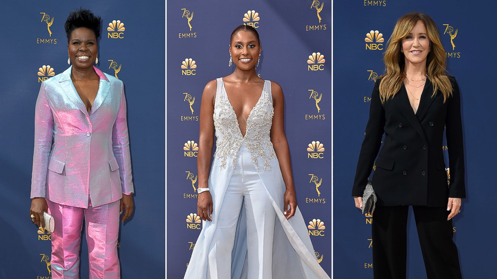 PHOTO: Leslie Jones, Isa Rae and Felicity Huffman at the 70th Emmy Awards at Microsoft Theater on Sept. 17, 2018 in Los Angeles.