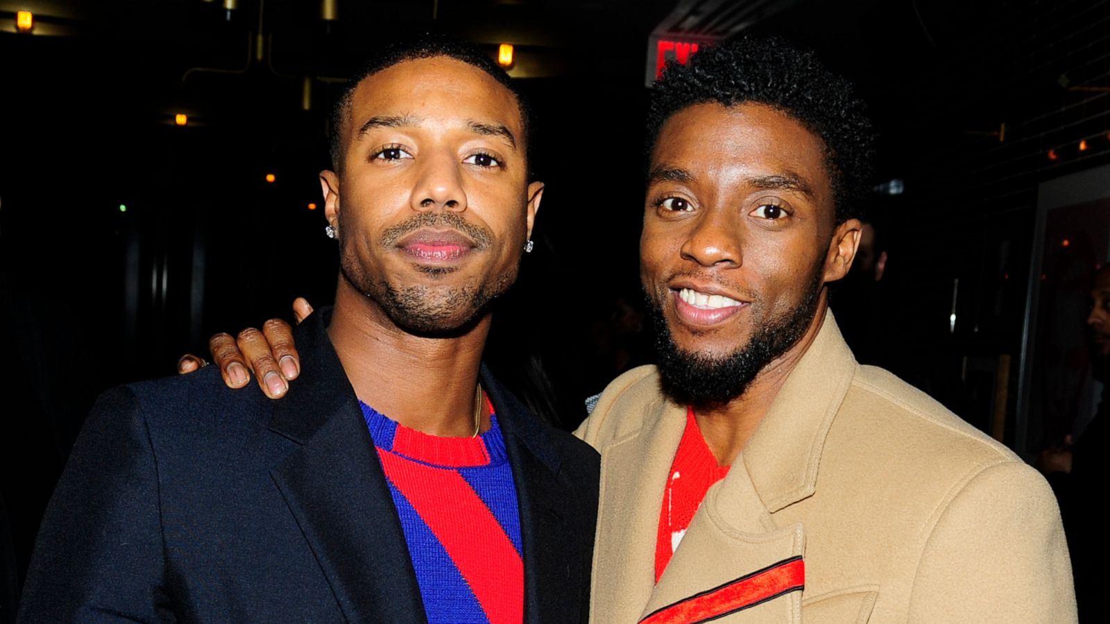 PHOTO: Chadwick Boseman and Michael B. Jordan attend The Cinema Society with Ravage Wines & Synchrony host the after party for Marvel Studios' "Black Panther" at The Skylark on Feb. 13, 2018, in New York City.