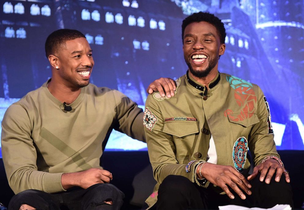 PHOTO: Actors Michael B. Jordan and Chadwick Boseman attend the Marvel Studios' BLACK PANTHER Global Junket Press Conference on Jan. 30, 2018 at Montage Beverly Hills in Beverly Hills, Calif.