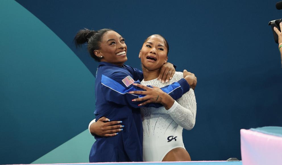 PHOTO: Silver medalist Simone Biles, left, and bronze medalist Jordan Chiles of Team USA celebrate after competing the Artistic Gymnastics Women's Floor Exercise Final on day ten of the 2024 Summer Olympic Games, Aug. 5, 2024, in Paris.