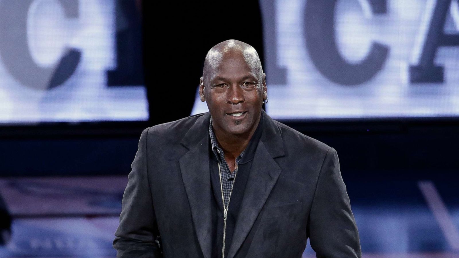 PHOTO: Charlotte Hornest Owner and former NBA player Michael Jordan speaks on the court during the second half of an NBA All-Star basketball game, Feb. 17, 2019, in Charlotte, N.C.