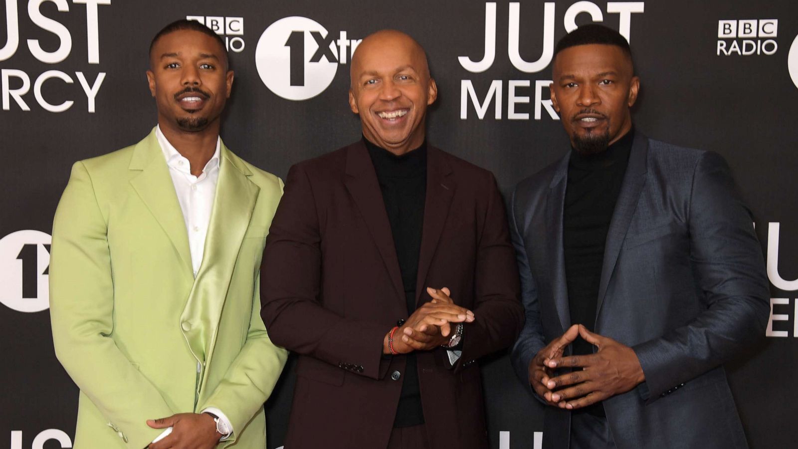 PHOTO: Michael B. Jordan, Bryan Stevenson and Jamie Foxx attend the UK special screening of "Just Mercy" at the Vue West End, Jan. 15, 2020, in London.