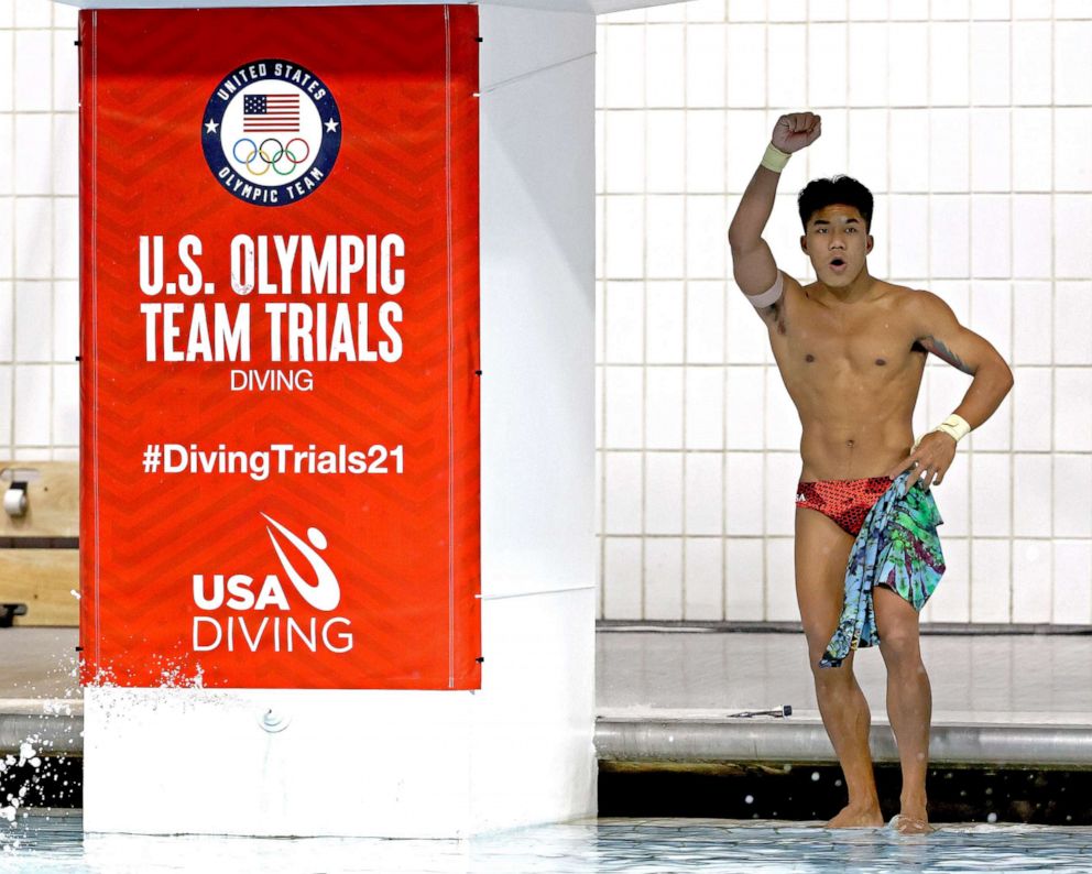 PHOTO: Jordan Windle reacts in the men's 10-meter platform final during 2021 U.S. Olympic Trials at Indiana University Natatorium on June 12, 2021 in Indianapolis.