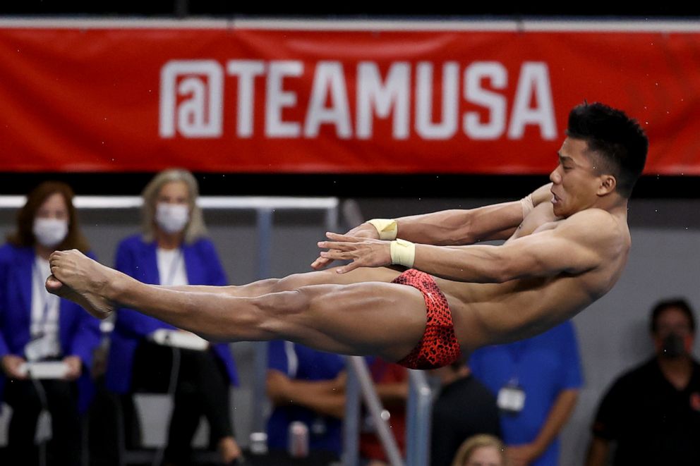 PHOTO: Jordan Windle competes in the men's 10-meter platform final during 2021 U.S. Olympic Trials at Indiana University Natatorium on June 12, 2021 in Indianapolis. 