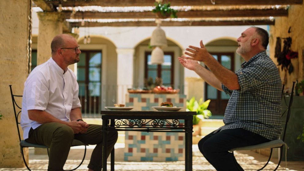PHOTO: Chef José Andrés talks with Panera Bread head chef Claes Petersson on a special episode of "Hunger, Interrupted."
