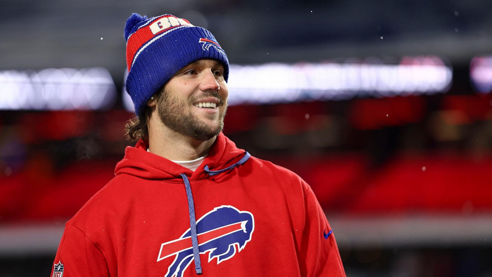 PHOTO: Josh Allen of the Buffalo Bills smiles prior to an NFL football game against the San Francisco 49ers at Highmark Stadium, on Dec. 1, 2024, in Orchard Park, New York.